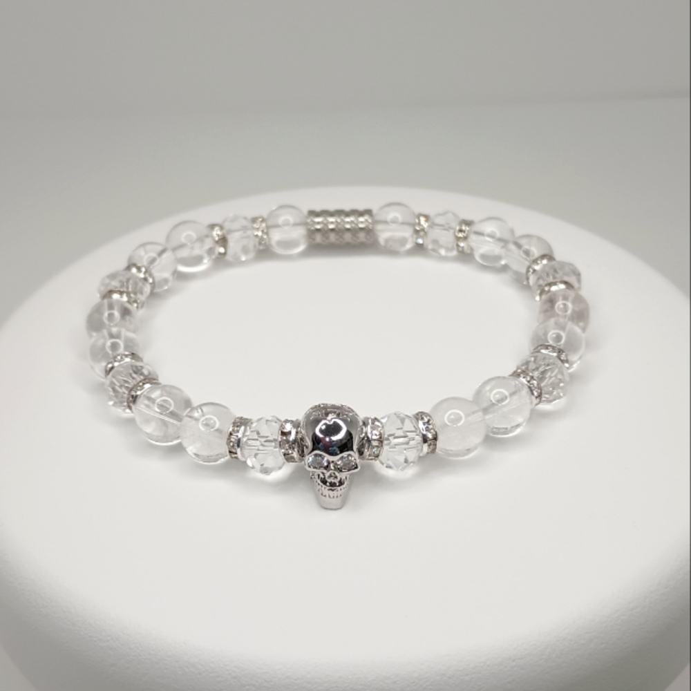 Clear Quartz + Zircon Skull | Unisex | Healing Crystal Beaded Bracelet